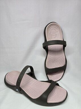 Crocs Cleo Classic Slide Sandals Pink/Brown Two Strap Comfort Summer Size 8